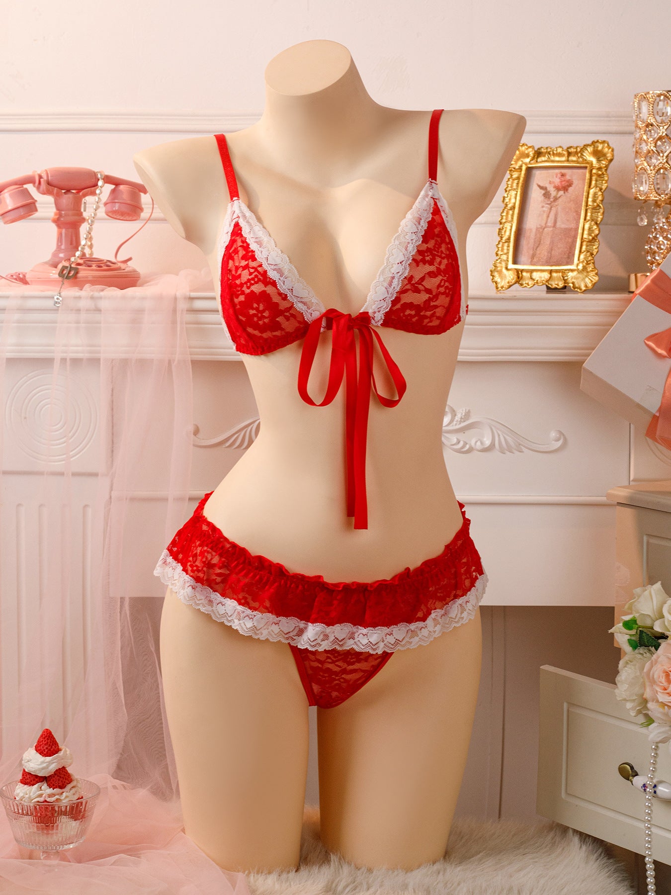 Image of New European and American erotic lingerie lace sexy thong set bow erotic pajamas couple fun lingerie